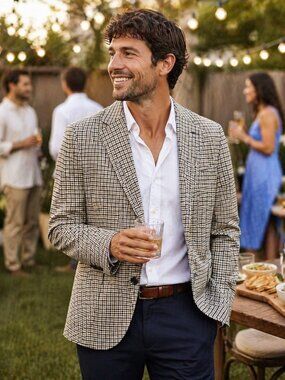 Tailorbyrd Men’s 44L Two-Button Khaki Windowpane Blazer Stretch NWOT Spring